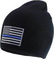 Rapid Dominance Thin Blue Line Embroidered US American Flag Skull Short Beanie Hat