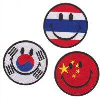 iron on patch Embroidery  3x Happy Smiley Country flag Asia 7.5 cm ใบหน้าที่ยิ้ม ธงประจำชาติ ตัวรีด เย็บติดผ้าประเทศไทย โลโก้ปัก มีกาวสำหรับรีด ตกแต่งเสื้อผ้า