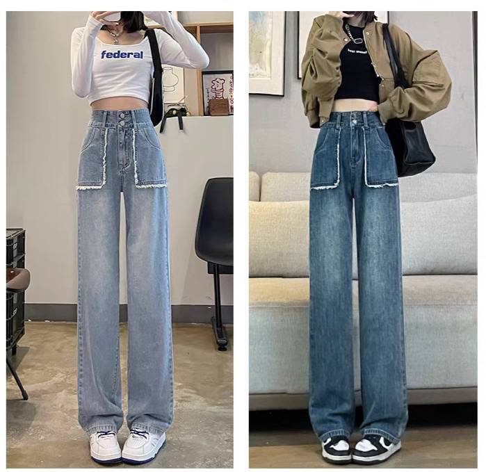 fashionjeans-กางเกงยีนส์ขายาว-เอวสูง-ทรงบอย-วินเทจ-ทรงสวย-กางเกงยีนส์แฟชั่น-8055