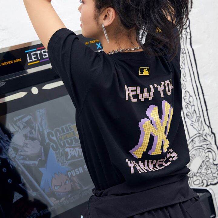 mlb-เสื้อยืด-logo-ny-t-shirt-oversize-เสื้อกีฬาแขนสั้นคู่รักแฟชั่นลำลอง