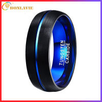 BONLAVIE Mens 8mm Blue/Rose Gold Groove Tungsten Carbide Rings Domed Black Brushed Wedding Bands High Polished Comfort Fit Size 7-12