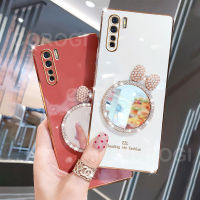 เคสสำหรับ A91 OPPO/A93 2020 / A73 2020 / A94 4G พร้อมกระจกแต่งหน้ามีโบว์ชุบ6D หรูหรากรอบสี่เหลี่ยมแวววาวกรอบเคสมือถือซิลิโคนกันกระแทก Casing Ponsel ฝาหลัง