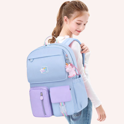 Hot Student Backpacks Hit Color Middle School Girl Daypack Rucksack With Pendant