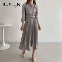 Beiyingni Stylish Design Pleated Midi Dress Women Plain Casual Sashes Buttons Elegant Vintage Dresses Female Black Khaki Vestido