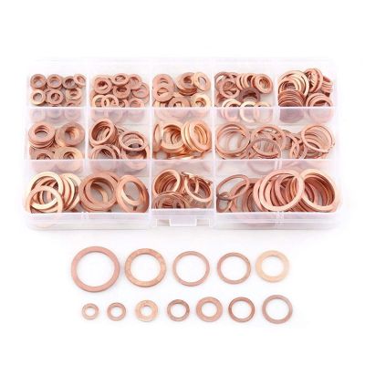 200Pcs Copper Washer Gasket Nut and Bolt Set Flat Ring Seal Assortment Kit With Box M5/M6/M8/M10/M12/M14 for Sump Plugs Water