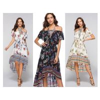 Womens Boho Style Dress Off Shoulder Beach Summer Dresses Floral Print Vintage Dress