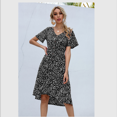 2021 Summer Dress Midi V-Neck Printed Dress Woman Single Row Buttons Irregular Dress Ladies Slim High Waist Casual Holiday Dress