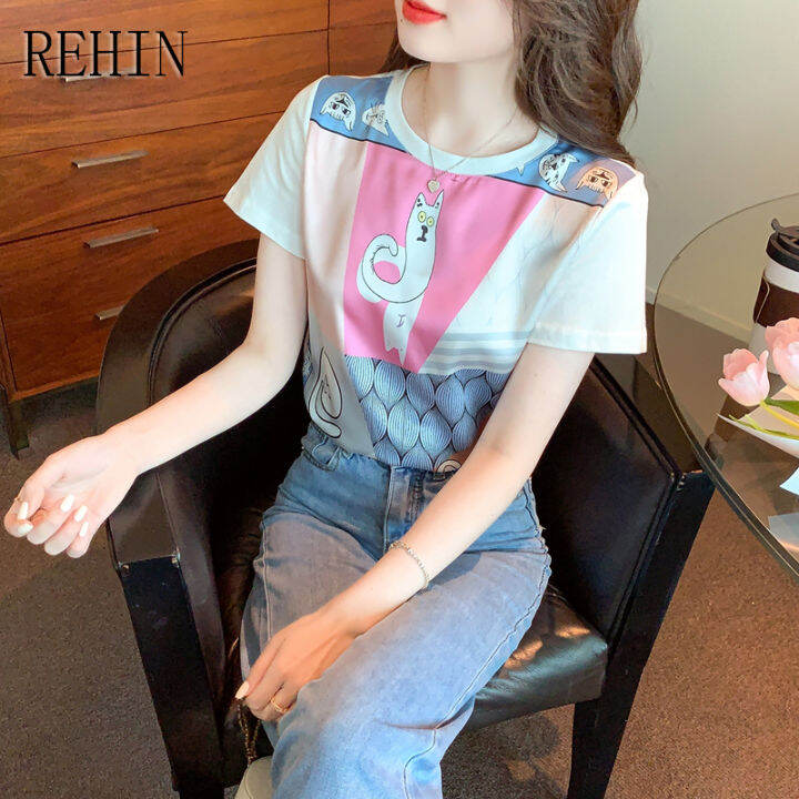 rehin-แฟชั่นสไตล์เกาหลีแบบใหม่สำหรับผู้หญิง-เสื้อยืดสีขาวคอกลมลำลองอเนกประสงค์ทรงหลวมฤดูร้อนแขนสั้น