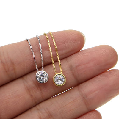 Single Stone Solitaire Cz Cubic Zirconia ที่ละเอียดอ่อน Dainty Chain 925 Sterling Silver Bezel 5Mm Cz สร้อยคอหินเดี่ยว925