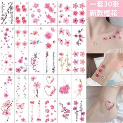 Cherry blossom tattoo stickers waterproof female long-lasting ins wind sexy clavicle wrist scar cover peach flower tattoo stickers