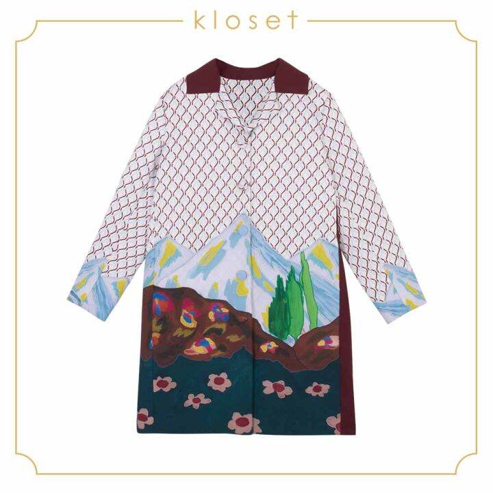 kloset-classic-k-print-coat-with-patchwork-detail-ss18-t022-เสื้อผ้าผู้หญิง-เสื้อผ้าแฟชั่น-เสื้อแฟชั่น-เสื้อโค๊ท-เสื้อคลุม-เสื้อแขนยาว