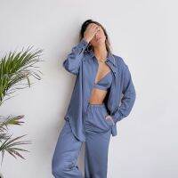 【jw】❂◊❀  Button-down Nightgown 3PCS Shirt Sling Pants Elastic Waist Loungewear Pyjamas