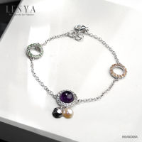 Lenya Jewelry  สร้อยข้อมือเงินแท้ชุบทองคำขาว ประดับด้วยพลอยอเมทิสต์ ซาโวไรท์ แซฟไฟร์สีส้ม และไวท์โทปาซ ห้อยชาร์มกระพรวนและไข่มุก