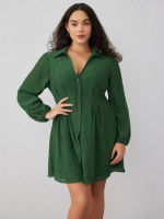 Cider V-neck Button Long Sleeve Mini Dress Curve &amp; Plus