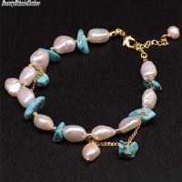 Elegant Handmade Beaded Baroque Pearls and Turquoise celet Adjuestable Bangle Charm Jewelry