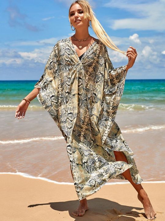 ชุดคาฟทันส์แม็กซี่พิมพ์ลายชุดเดรสชายหาดสำหรับเสื้อคลุมผู้หญิงแขนปีกค้างคาวชุดอาบน้ำวันหยุดฤดูร้อน