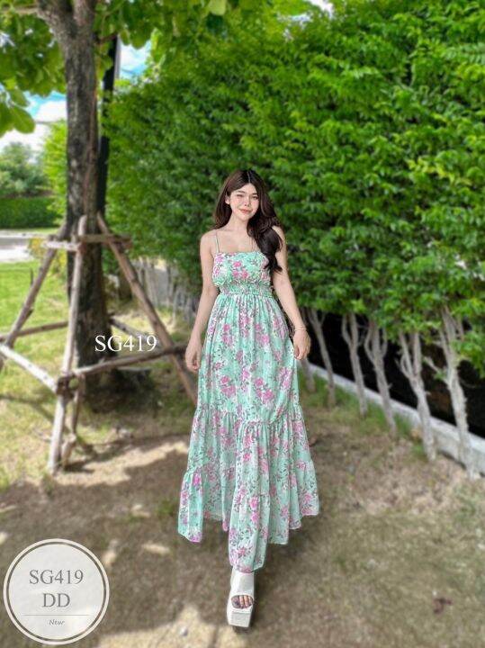 ml419-เดรสยาว-สายเดี่ยว-ปรับสายได้-ใส่ยางสม็อครอบเอว-ผ้าชีฟองเกาหลี-มีซับใน-สวยหวานมากค่ะ-freesize-bust-อก-32-36-waist-เอว-26-30-hip-สะโพก-38-52-length-ยาว-52-มีฟองน้ำ-have-bra-pad-ผ้าชีฟอง-chiffon-fa