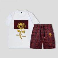 【Hot Sale】 2023 summer high-end light luxury fashion casual suit new trendy mens embroidered rose short-sleeved two-piece set