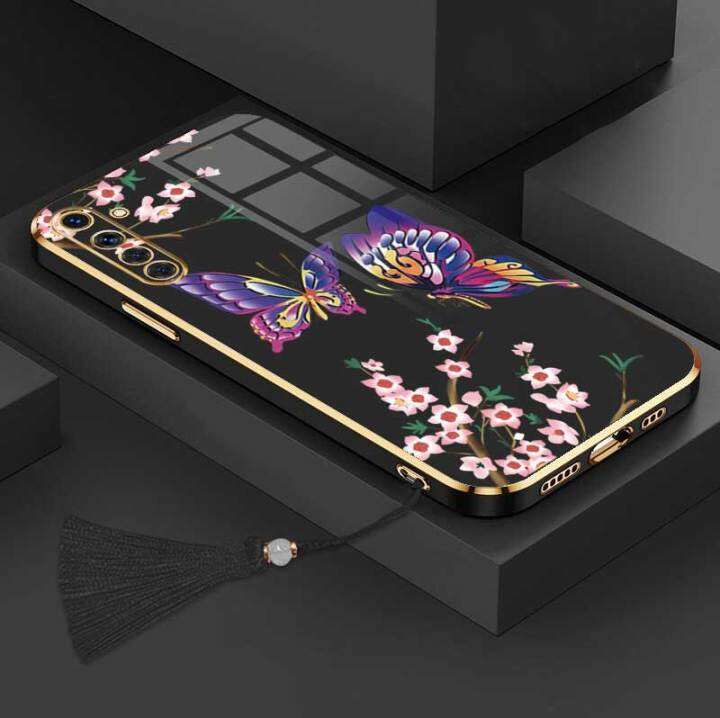 เคสสำหรับ-realme-6-realme-6s-realme-6-pro-ผีเสื้อที่สวยงามหรูหราพร้อมเคสป้องกันกล้องดอกไม้เคสโทรศัพท์ขอบชุบซิลิโคนนิ่มพร้อมฟรีสายคล้อง