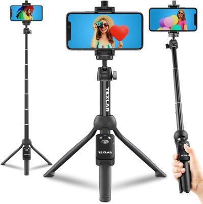 Texlar 48 Inch Selfie Stick Tripod with Remote for iPhone 13, 12, 11, XR, X, 8, 7, Pro, Max, Plus, SE, Android Phone, Smartphone - TS48 Pro Small Mini Cellphone Stand