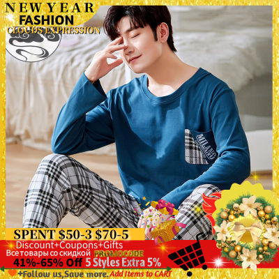 Spring Autumn Knitted Cotton Long Sleeved Mens Pajamas Sets Male Pajama Set Letter Pajama For Men Sleepwear Suit Homewear 3XL