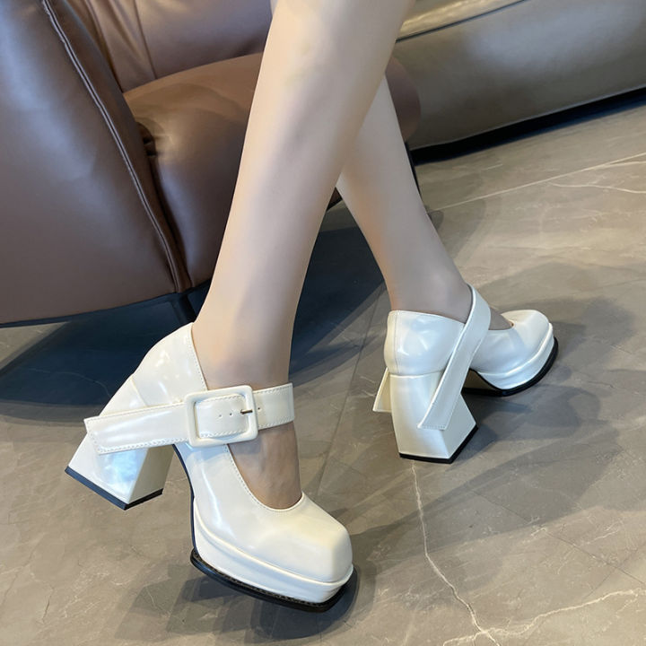รองเท้าผู้หญิง-mary-jane-รุ่นใหม่ของเกาหลีส้นสูงส้นหนาปั๊มหัวตารางรองเท้าเดี่ยวของผู้หญิงในสต็อก