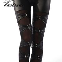 【VV】 2020 punk rock ring leggings lady fashion gothic legging mesh and fake leather patchwork girl club disco