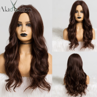 ALAN EATON Long Wavy Ombre Brown Blonde Synthetic Wigs Middle Part Wigs for Black Women Heat Resistant Fiber Cosplay Party Wigs Gift ของขวัญ