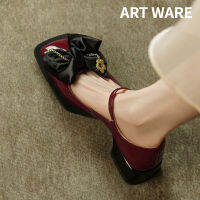 หนังสแควร์ Toe Bow Mary Jane รองเท้าผู้หญิง2023ฤดูร้อน All-Match Chunky Heel Shoes