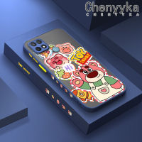 เคส Chenyyka สำหรับ OPPO เคส A15 A15s A35 4G เคสลายการ์ตูนหมีสตรอเบอร์รี่มีน้ำค้างแข็งโปร่งใสขอบสี่เหลี่ยมด้านข้างแบบแข็งลายกล้องปลอกซิลิโคนเคสนิ่มป้องกันการกระแทก