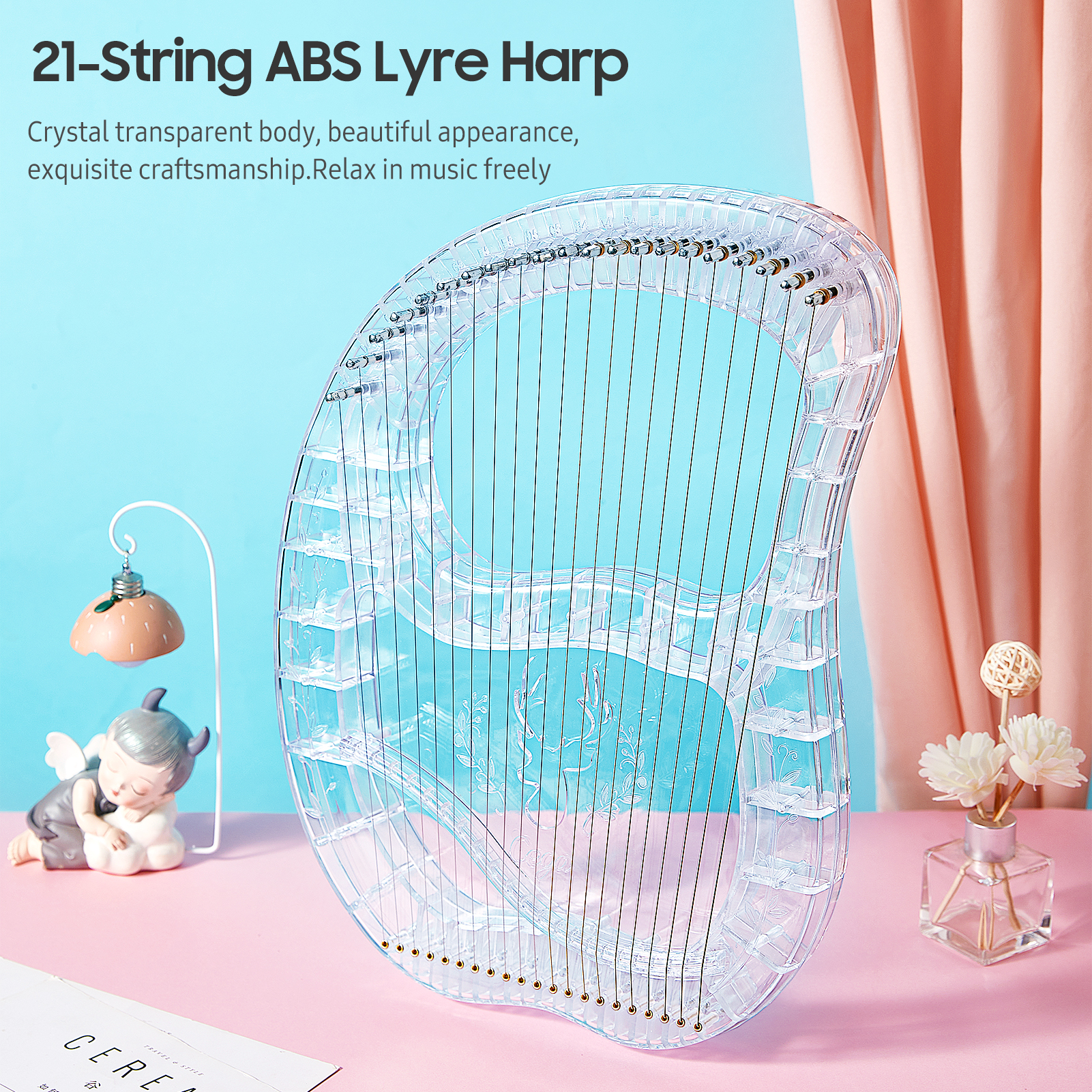21 String Lyre Harp ABS Transparent String Instrument with Portable EVA Bag/Tuning Key/Spare String 3D Anti- fall Body for Music Lovers Beginners Children Adults 