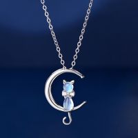 ◊ KOFSAC Exquisite Crystal Cute Moon Cat Pendant Girl Jewelry 925 Sterling Silver Necklaces For Women Valentines Day Accessories