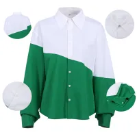 Mnealways18 Fashion Patchwork Shirts Women Long Sleeves Lapel Ladies Blouse Splicing White And Green Single-Breasted Streetwear