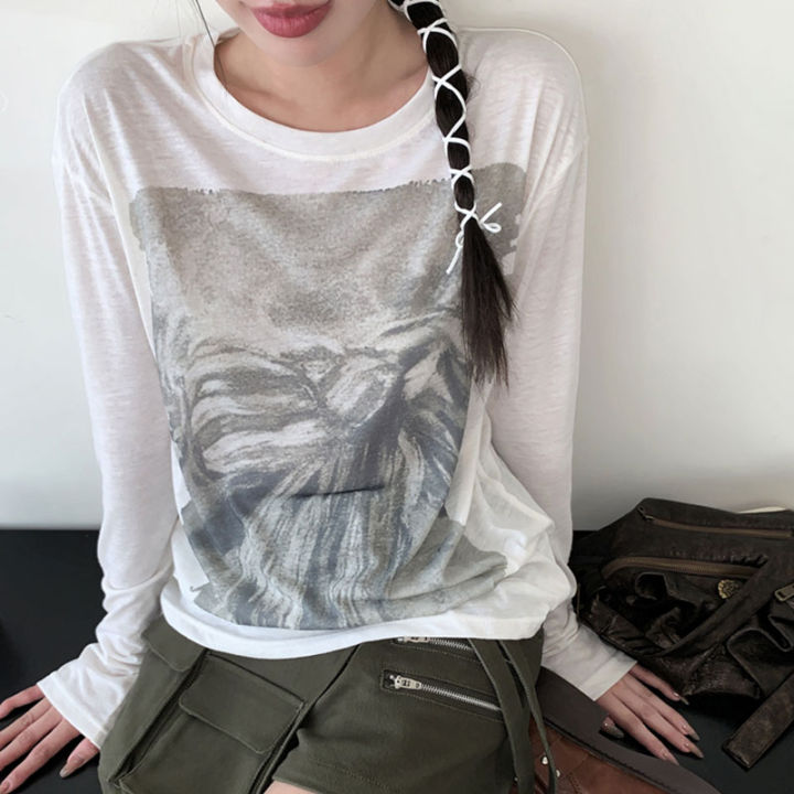 xiang-nian-ni-เสื้อยืดผู้หญิงแขนยาวพิมพ์ลาย-เสื้อป้องกันแสงแดดบางเสื้อยาวปิดถึงก้นทรงหลวมฤดูร้อน