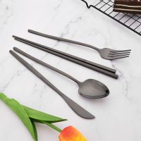 Black Silver 16-30Pcs Chopsticks Knife Fork Spoon Cutlery Set Dinnerware Set 18/10 Stainless Steel Flatware Korean Tableware Set