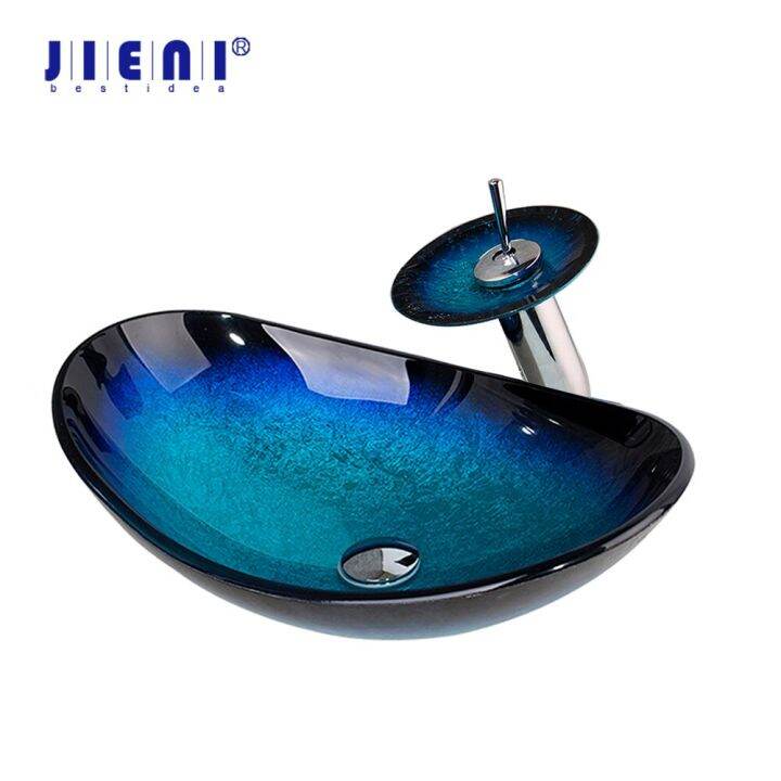 2023 New Hand Painted Blue Tempered Glass Basin Sink Washbasin Faucet