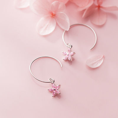 S925Silver Earrings Womens Korean-Style Fresh Pink Diamond Five al Flower Sweet Short Ear Hook Graceful EarringsG1838