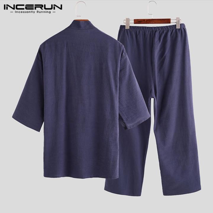 homewear-incerun-ชายชุดนอนยาวกางเกงชุดผ้าฝ้ายญี่ปุ่น-kimono-coat-ชุดนอนชุดนอน