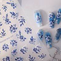 Acrylic Engraved Nail Sticker Blue Flowers Desgin Self-Adhesive Nail Transfer Sliders Wraps Manicures Foils Z0660 Wall Stickers Decals