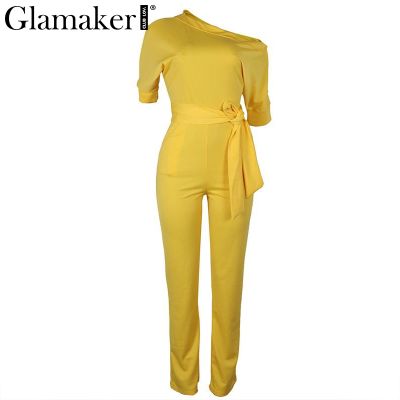 Glamaker Cold shoulder bandage jumpsuit Elegant slim brief spring jumpsuit romper Work office business long pants playsuit 2018