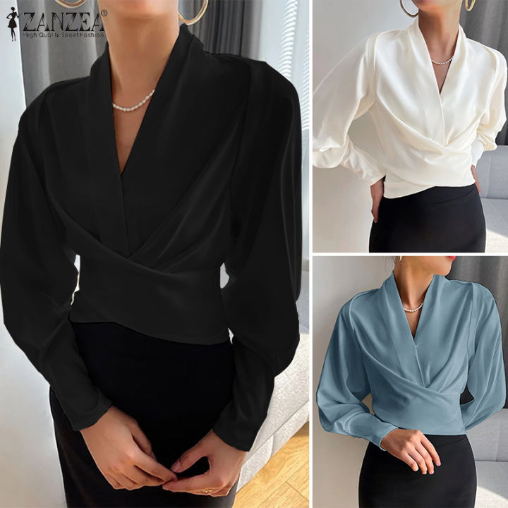 สินค้ามาใหม่-จัดส่งฟรี-fancystyle-zanzea-เสื้อคอวีแฟชั่นสไตล์เกาหลีของผู้หญิงเสื้อยืดแขนยาว-ol-เสื้อทำงานผูกเป็นปมแบบไม่สม่ำเสมอ-11