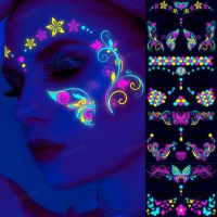 【YF】 Waterproof UV Light Temporary Tattoos Luminous Glow in Dark Party Night Bar Butterfly Feather Stars Face Beauty Sticker