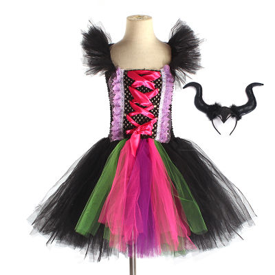 Mal Style Halloween Costume Dress For Girls Witch TUTU With Horn Evil Princess Cosplay Outfits Kids Scary Costumes Disguise Robe