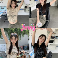 Jennyพร้อมส่ง?เสื้อท่อนบน?เสื้อยืดแขนสั้นพิมพ์ลายอเมริกันสําหรับผู้หญิง  เสื้อครอปเซ็กซี่ สไตล์อเมริกันย้อนยุค