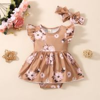 Baby Romper Dress Infant Girls Floral Prints Fly Sleeve Tulle Princess Dress Newborn Ribbed Bodysuits Dress Bow Headbands Sets  by Hs2023