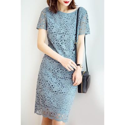 Cost-effective lace dress, high order, water-soluble floral lace high-end dress, blue, pink, gray, navy blue, medium-length short-sleeved straight dress