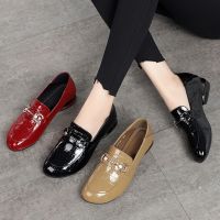 ◐ [Soft Sole Soft Surface Bean Shoes] Soft Leather Single Shoes Womens New British Style Leather Shoes Bright Leather One-Step Two-Wear Shoes