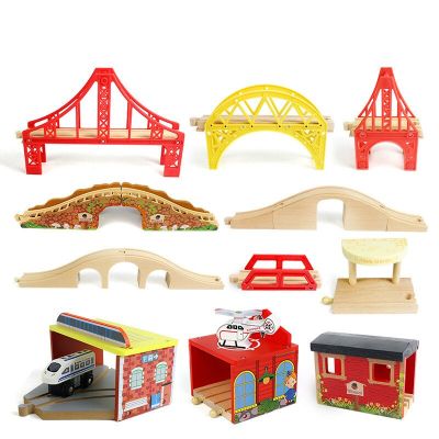 Train Rail Track Set Bridge Tunnel Wooden Train Track Accessories Beech Turntable DIY Railway Road Track Toy for Kids Children
