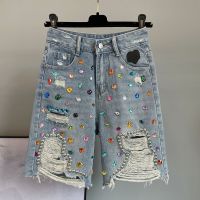 【hot】 2023 Rhinestone Bead Hollow Out Waist Denim Shorts New Fashion Streetwear Short Pants