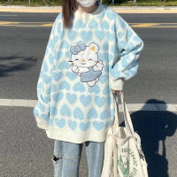 Deeptown Kawaii Blue Oversize Sweater Women Cute Korean Style Pullover Casual Heart Print Crewneck Winter Clothes Sweet Top